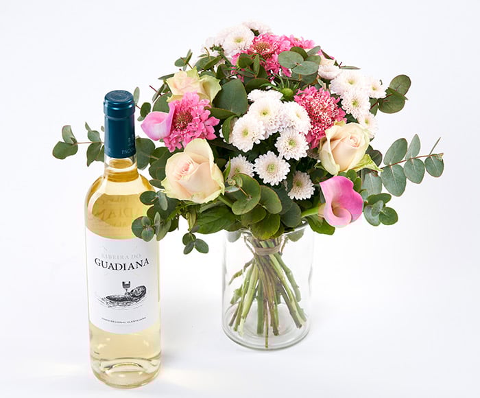 Rosa Sød Mors Dag Buket Med Hvidvin Send Blomster Med Bloomit - Bloomit Hvidvin